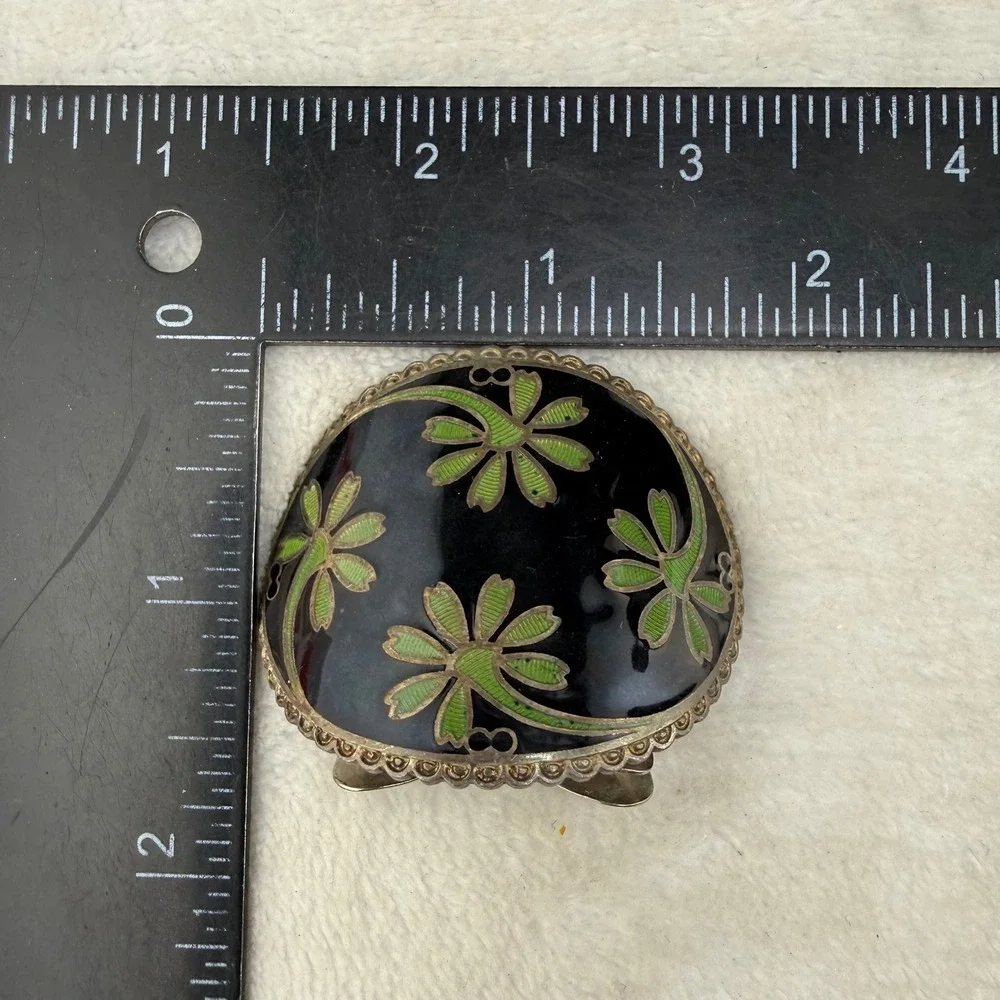 Vintage France Enamel Scarf Clips Black Green Floral Pair READ